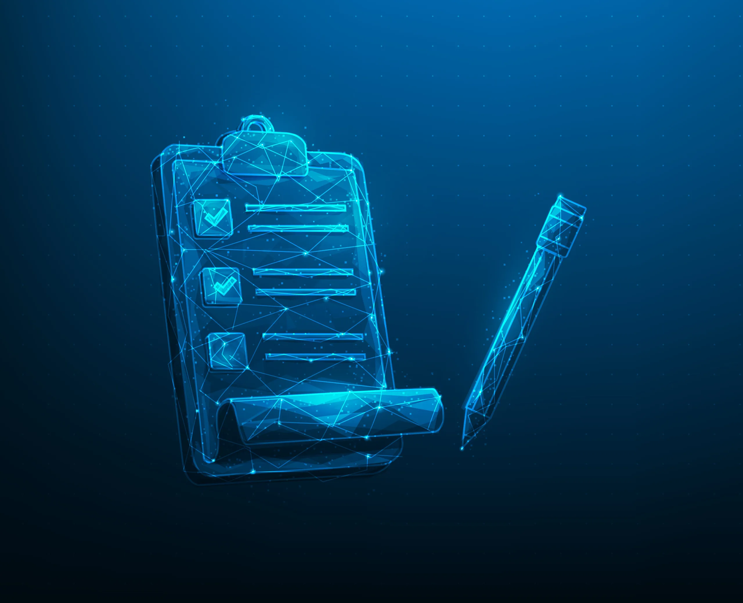 clipboard with checklist digital on blue dark background. Positive business marked. paper healthcare and medical check. work planning management. exam note technology. vector illustration digital.